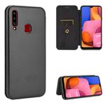 For Samsung Galaxy A20s Carbon Fiber Texture Horizontal Flip TPU + PC + PU Leather Case with Rope & Card Slot(Black)