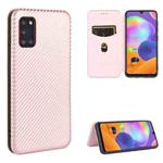 For Samsung Galaxy A31 Carbon Fiber Texture Horizontal Flip TPU + PC + PU Leather Case with Rope & Card Slot(Pink)