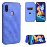 For Samsung Galaxy M11 Carbon Fiber Texture Horizontal Flip TPU + PC + PU Leather Case with Rope & Card Slot(Blue)