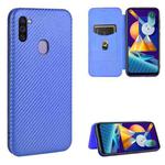 For Samsung Galaxy M11 Carbon Fiber Texture Horizontal Flip TPU + PC + PU Leather Case with Rope & Card Slot(Blue)