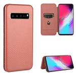 For Samsung Galaxy S10 5G Carbon Fiber Texture Horizontal Flip TPU + PC + PU Leather Case with Rope & Card Slot(Brown)