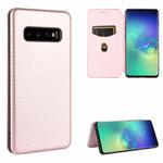 For Samsung Galaxy S10 Carbon Fiber Texture Horizontal Flip TPU + PC + PU Leather Case with Rope & Card Slot(Pink)