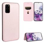 For Samsung Galaxy S20 Plus Carbon Fiber Texture Horizontal Flip TPU + PC + PU Leather Case with Rope & Card Slot(Pink)
