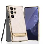 For Samsung Galaxy S25 Ultra 5G GKK Triumph Ultra-Thin Plain Leather Silver Brocade Phone Case with Holder(Silver Brocade Pink)
