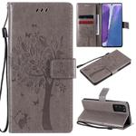 For Samsung Galaxy Note20 Tree & Cat Pattern Pressed Printing Horizontal Flip PU Leather Case with Holder & Card Slots & Wallet & Lanyard(Grey)