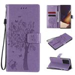 For Samsung Galaxy Note20 Ultra Tree & Cat Pattern Pressed Printing Horizontal Flip PU Leather Case with Holder & Card Slots & Wallet & Lanyard(Light Purple)