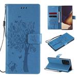 For Samsung Galaxy Note20 Ultra Tree & Cat Pattern Pressed Printing Horizontal Flip PU Leather Case with Holder & Card Slots & Wallet & Lanyard(Blue)