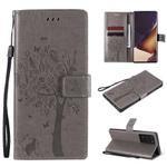 For Samsung Galaxy Note20 Ultra Tree & Cat Pattern Pressed Printing Horizontal Flip PU Leather Case with Holder & Card Slots & Wallet & Lanyard(Grey)