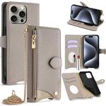 For iPhone 16 Pro Max Crossbody Chain Fishtail Litchi Leather Phone Case(Grey)