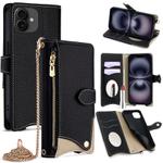 For iPhone 16 Plus Crossbody Chain Fishtail Litchi Leather Phone Case(Black)