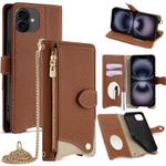 For iPhone 16 Plus Crossbody Chain Fishtail Litchi Leather Phone Case(Brown)