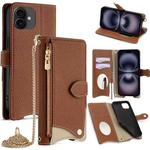 For iPhone 16 Crossbody Chain Fishtail Litchi Leather Phone Case(Brown)