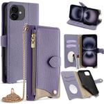 For iPhone 16 Crossbody Chain Fishtail Litchi Leather Phone Case(Purple)