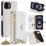 For iPhone 16 Crossbody Chain Fishtail Litchi Leather Phone Case(White)