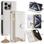 For iPhone 15 Pro Max Crossbody Chain Fishtail Litchi Leather Phone Case(White)