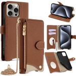 For iPhone 15 Pro Crossbody Chain Fishtail Litchi Leather Phone Case(Brown)