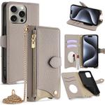 For iPhone 15 Pro Crossbody Chain Fishtail Litchi Leather Phone Case(Grey)