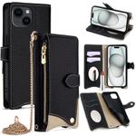 For iPhone 15 Plus Crossbody Chain Fishtail Litchi Leather Phone Case(Black)