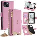 For iPhone 15 Plus Crossbody Chain Fishtail Litchi Leather Phone Case(Pink)