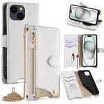 For iPhone 15 Plus Crossbody Chain Fishtail Litchi Leather Phone Case(White)