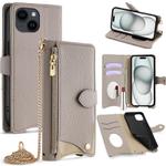 For iPhone 15 Crossbody Chain Fishtail Litchi Leather Phone Case(Grey)