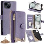 For iPhone 15 Crossbody Chain Fishtail Litchi Leather Phone Case(Purple)