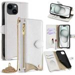 For iPhone 15 Crossbody Chain Fishtail Litchi Leather Phone Case(White)