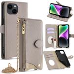 For iPhone 14 Plus Crossbody Chain Fishtail Litchi Leather Phone Case(Grey)