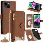 For iPhone 14 Crossbody Chain Fishtail Litchi Leather Phone Case(Brown)