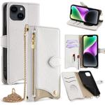 For iPhone 14 Crossbody Chain Fishtail Litchi Leather Phone Case(White)