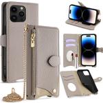 For iPhone 14 Pro Max Crossbody Chain Fishtail Litchi Leather Phone Case(Grey)