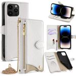 For iPhone 14 Pro Max Crossbody Chain Fishtail Litchi Leather Phone Case(White)