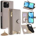 For iPhone 13 Pro Max Crossbody Chain Fishtail Litchi Leather Phone Case(Grey)