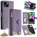 For iPhone 13 Crossbody Chain Fishtail Litchi Leather Phone Case(Purple)