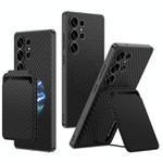 For Samsung Galaxy S25 Ultra 5G GKK Metal Paint Skin Feel Leather Crad Bag MagSafe Phone Case With Holder(Carbon Fiber Texture)
