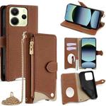 For Redmi Note 14 4G 163.25mm Crossbody Chain Fishtail Litchi Leather Phone Case(Brown)
