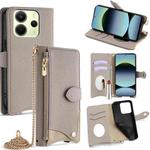 For Redmi Note 14 4G 163.25mm Crossbody Chain Fishtail Litchi Leather Phone Case(Grey)