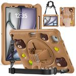 For iPad Air 11 2025 / 2024 / Pro 11 2022 Bear Rotation Kickstand Silicone Hybrid PC Tablet Case(Brown)