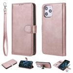 For iPhone 12 Pro Max 2 in 1 Solid Color Detachable PU Leather Case with Card Slots & Magnetic Holder & Photo Frame & Wallet & Strap(Rose Gold)