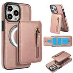 For iPhone 13 Pro Max Zipper Wallet Split MagSafe Leather Back Phone Case(Rose Gold)