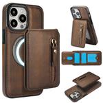For iPhone 13 Pro Max Zipper Wallet Split MagSafe Leather Back Phone Case(Brown)