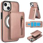 For iPhone 13 mini Zipper Wallet Split MagSafe Leather Back Phone Case(Rose Gold)