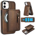 For iPhone 12 mini Zipper Wallet Split MagSafe Leather Back Phone Case(Brown)