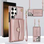 For Samsung Galaxy S25 Ultra 5G RFID Card Slot Phone Case with Long Lanyard(Rose Gold)