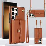 For Samsung Galaxy S25 Ultra 5G RFID Card Slot Phone Case with Long Lanyard(Brown)
