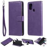For Samsung Galaxy A21s 2 in 1 Solid Color Detachable PU Leather Case with Card Slots & Magnetic Holder & Photo Frame & Wallet & Strap(Purple)