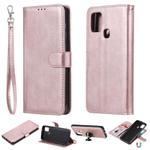 For Samsung Galaxy A21s 2 in 1 Solid Color Detachable PU Leather Case with Card Slots & Magnetic Holder & Photo Frame & Wallet & Strap(Rose Gold)