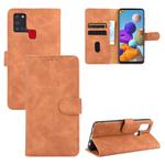For Samsung Galaxy A21s Solid Color Skin Feel Magnetic Buckle Horizontal Flip Calf Texture PU Leather Case with Holder & Card Slots & Wallet(Brown)