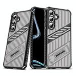 For Samsung Galaxy S24 FE 5G Plating Holder PC Hybrid TPU Phone Case(Gray Black)