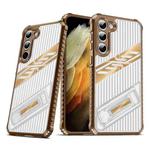 For Samsung Galaxy S23 5G Plating Holder PC Hybrid TPU Phone Case(Desert Gold)